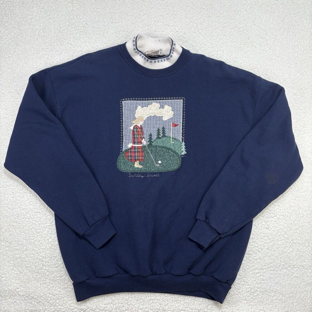 Vintage Womens XL Golf Sweater Folk Art Appliqué Embroidery Turtleneck Valorie